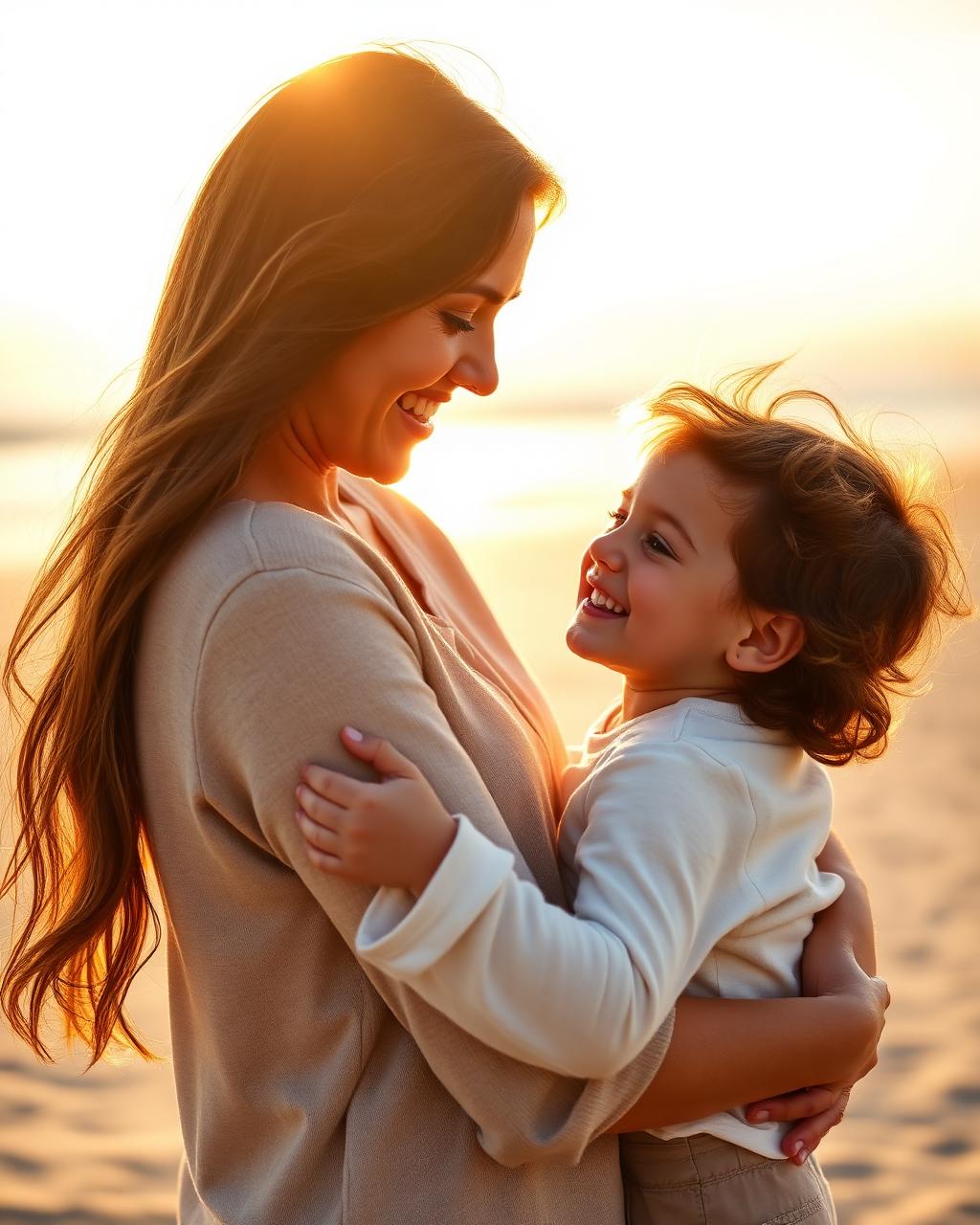 Mother embracing her child at the beach at sunset